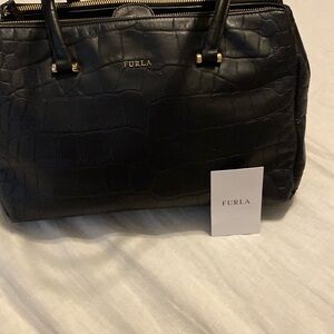 Furla Black Leather Croc-Embossed Women's Tote